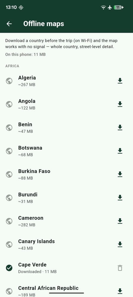 The offline maps screen, listing countries to download