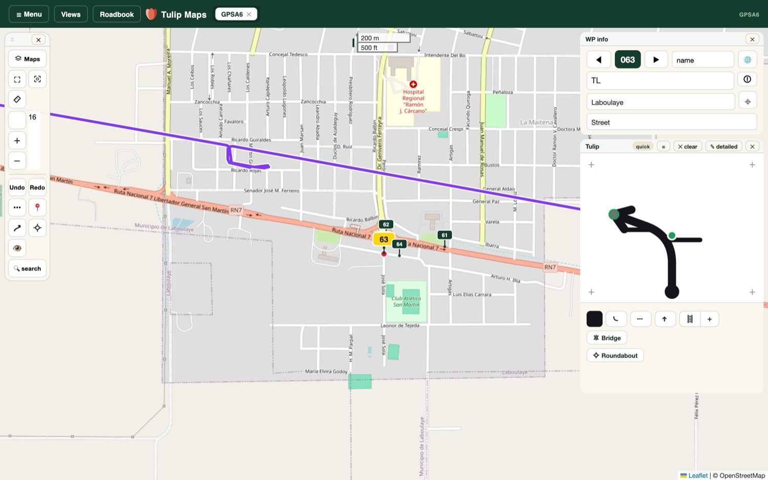 The Tulip Maps studio: a rally route drawn on the map, with the junction diagram being edited beside it